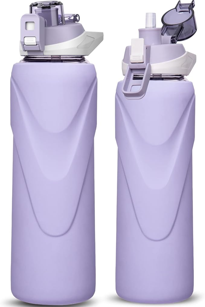 32 oz Sports Glass Water Bottle with Straw & Silicone Sleeve Reusable BPA-free Borosilicate Glass Drinking Bottle with Flip Top Lid & Handle Wide Mouth (Light Violet)