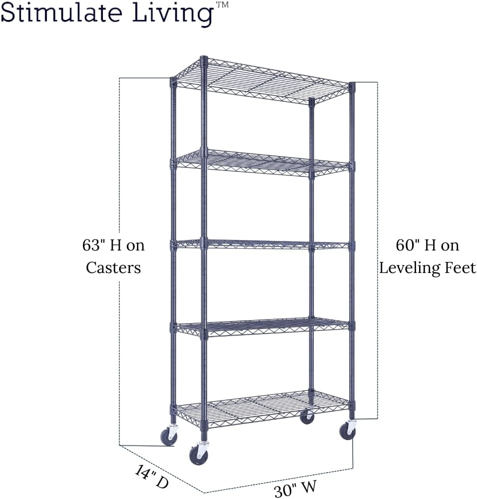 30"x14"x60" PRIME HEAVY DUTY Black 5-Tier Wire Shelving 1,750 LBS MAX Capacity Storage Rack for Commercial, School, Home, Garage, Warehouse, Industrial, and Hospital Uses (with Wheels)