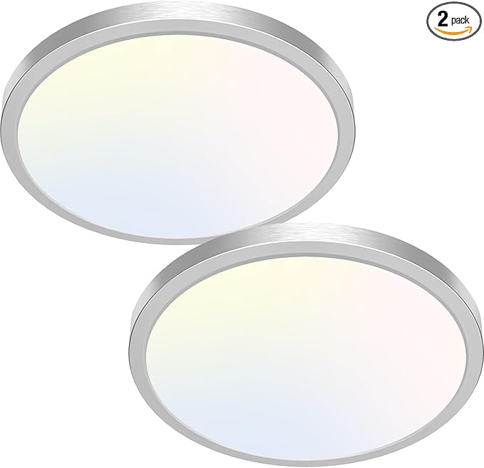 hepside 2PACK Flush Mount LED Ceiling Light Fixture Brushed Nickel, 12Inch 28W, Dimmable 3000K-4500K-6000K 3 Color Selectable Ceiling Lamp 3200LM Low Profile Ceiling Light for Kitchen Bedroom Hallway