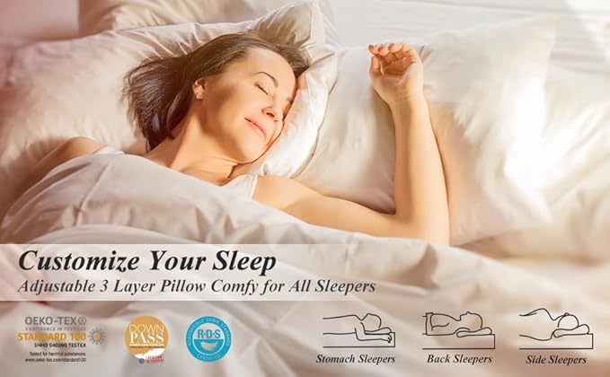 Three Geese Adjustable Layer Goose Feather Pillow,Assemblable Bed Pillow,100% Soft Organic Cotton Cover,Good for Side and Back Stomach Sleeper, Queen Size,Packaging Include 1 Pillow1