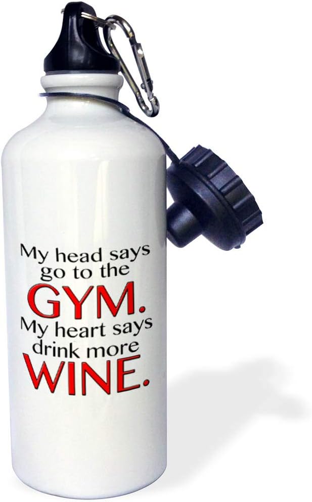 3dRose My Head go to The Gym My Heart says Drink More Wine Red Sports Water Bottle, 21oz, Multicolored