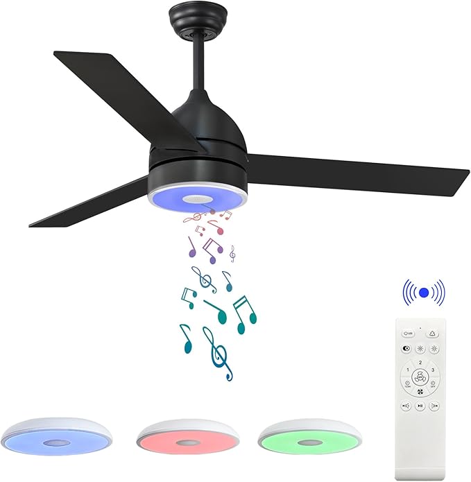 Black 60 Inch Ceiling Fan with RGB Dimming LED Light,with Music Bluetooth Speaker,with Remote Control,3-Speed Regulation, Reversible Motor,Timing,for Living Room,Bedroom,Restaurant