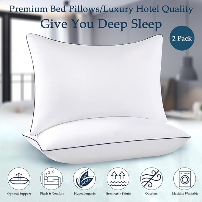Opposy Bed Pillows for Sleeping 2 Pack Medium Firm, Queen Size Set of 2, Cooling Pillows Hotel Quality with Premium Soft Down Alternative Fill for Back, Stomach or Side Sleepers（Pack of 2）