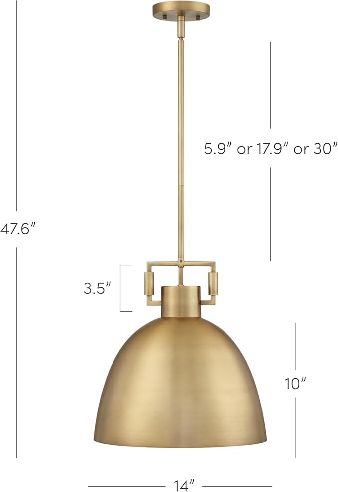 Nathan James Leigh Pendant Lighting, Hanging Ceiling Light with Oversized Metal Shade and Adjustable Cord, for Kitchen Island or Entryway, Antiqued Brass