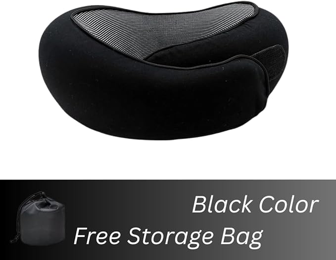 Memory Foam Neck Pillow for Travel, Adjustable Velcro Strap, Durable and Easy to Clean.Reduces pressure points and promotes better alignment, helping prevent neck pain (Black).