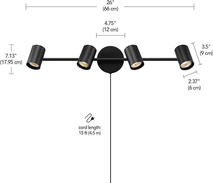 Globe Electric 64000119 26" 4-Light Plug-in Track Lighting, Matte Black, Pivoting Track Heads, 15-Foot Black Cord, in-Line on/Off Rocker Switch