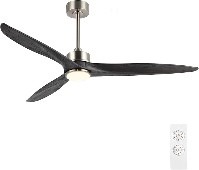 WINGBO 60 Inch DC Ceiling Fan with Lights and Remote Control, 3 Reversible Carved Wood Blades, 6-Speed Noiseless DC Motor, Modern Ceiling Fan in Brushed Nickel Finish with Gray Blades