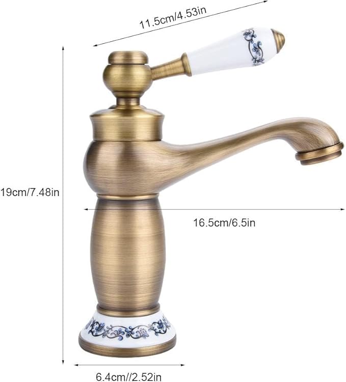 Elegant Bathroom Sink Faucet Single Hole,Cold and Hot Water Basin Sink… (Gold Blue and White Porcelain)