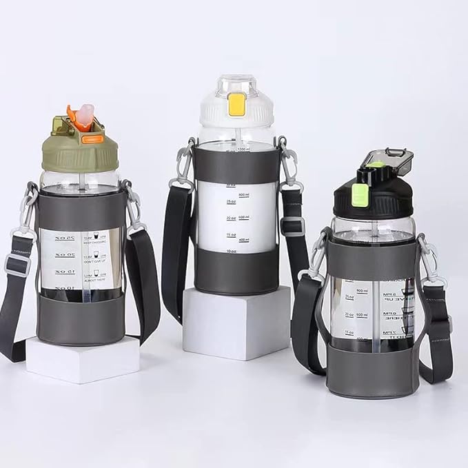 48oz Borosilicate Glass Water Bottle with Straw and Time Marker, Large Sport Water Jug with Adjustable Strap for Men Women (Green)