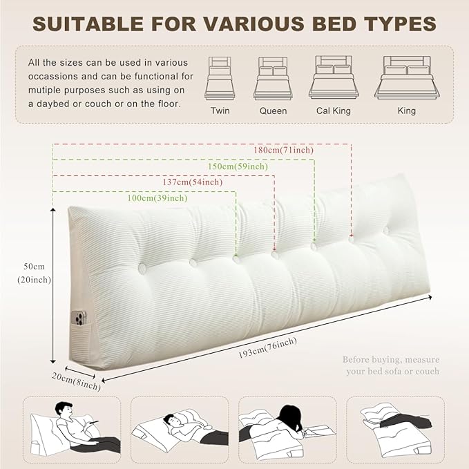 Headboard Pillow - Queen-Sized Headboard Wedge Pillow for Daybeds and Bunk Beds - Durable, Comfortable, with Removable Velvet Cover (White, 71x20x8Inches)