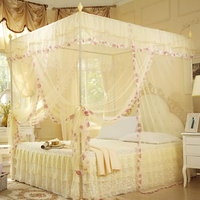 Luxury Princess 3 Side Openings Post Pink Bed Curtains,Four Corner Bedding Bed Canopy net for Bed Princess Bed Girls Room(No Bracket) (Yellow)