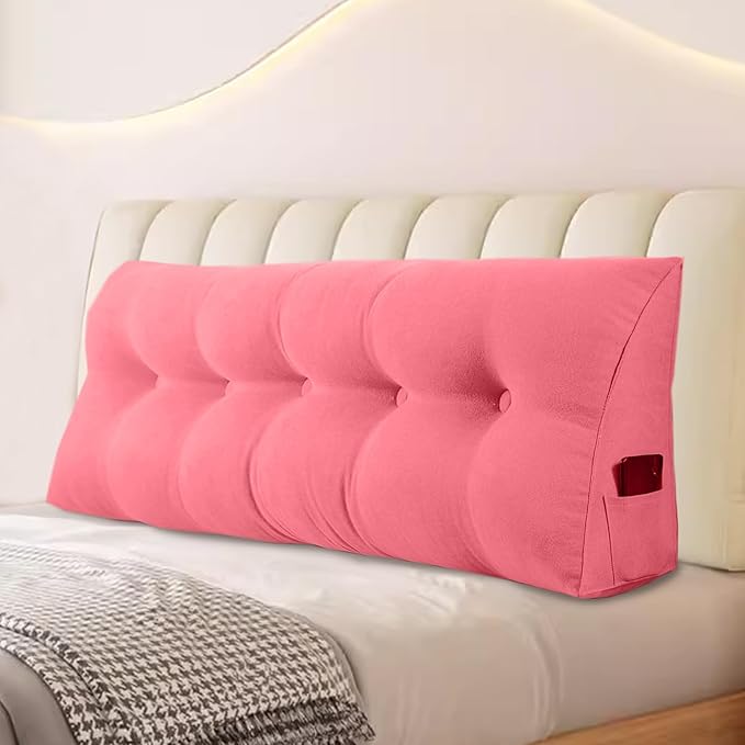 Large Triangular Headboard Pillows Long Backrest Positioning Support Bolster Cushion for Daybed Fluffy Quality Plush Body Wedge Pillow with Removable Cover(Pink -Cal King-71x8x20 in)
