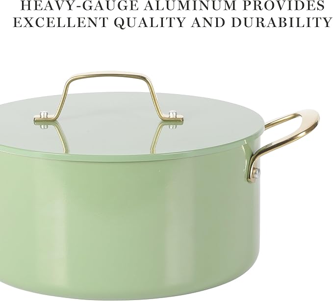Martha Stewart Galway Premium Nonstick PFA Free Ceramic Interior 10 Piece Heavy Gauge Enamel Aluminum Pots and Pans Cookware Set W/Aluminum Lids - Sage Green W/Gold Handle