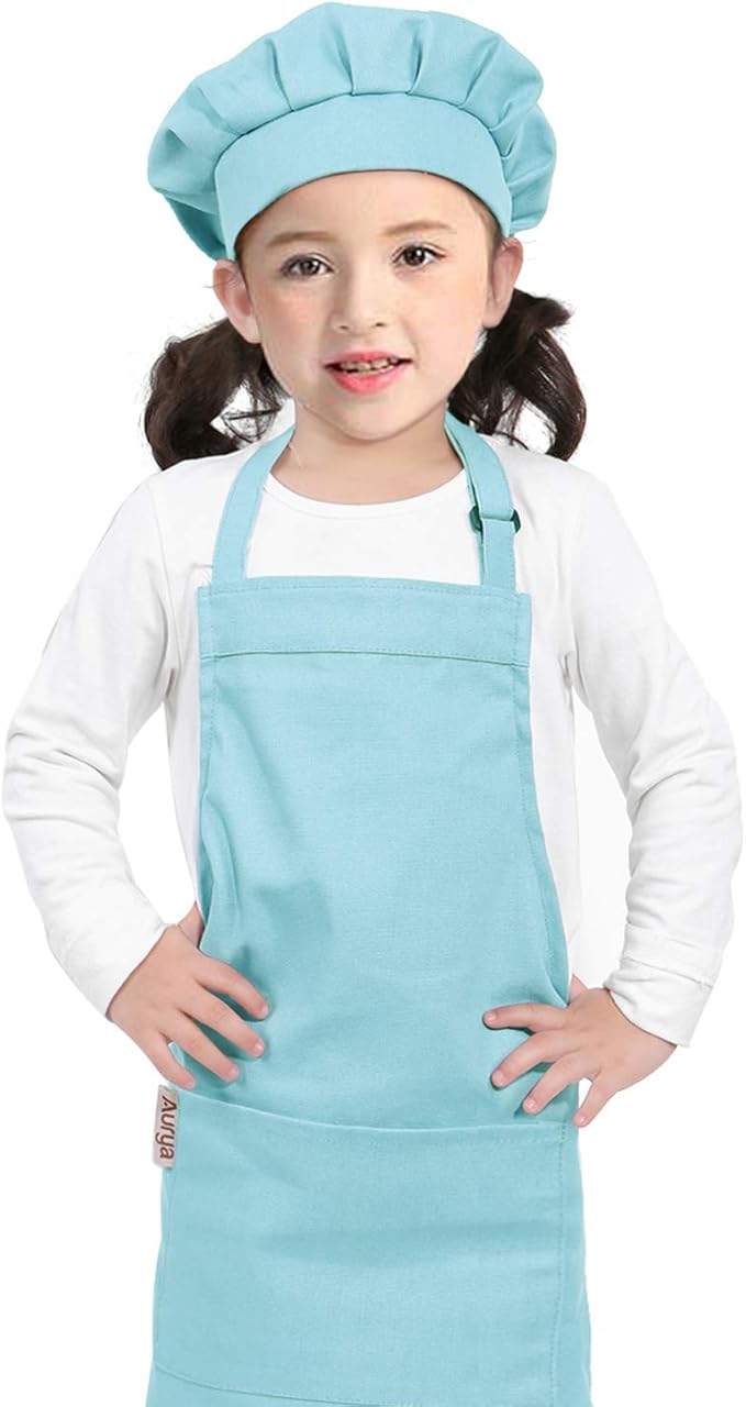 Kids Apron and Chef Hat Set-Adjustable Child Apron for Boys and Girls for Cooking Baking Light Blue