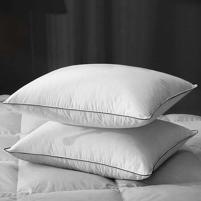 Hotel Feather Pillows Standard Size Set of 2, Hybrid Goose Down Pillow Composite with Mef tek™ Memory Foam, Firm Bed Pillows with Organic Cotton Cover (White,20"x26")