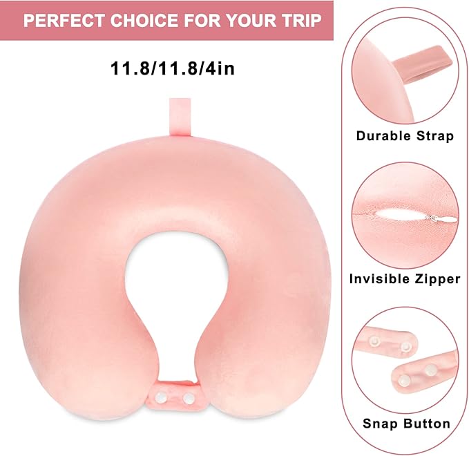 Travel Neck Pillow Airplane, Soft Memory Foam Support Head Neck Chin, with Removale Cover and Adjustable Snap Button, Comfortable Sleeping in Plane Car Train Traveling Office Home, Pink