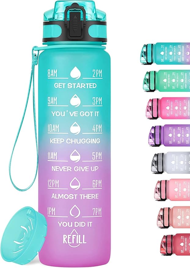 32oz Motivational Water Bottle with Time Marker & Fruit Strainer, Leak-proof BPA Free Non-Toxic 1l Bottle with Carrying Strap, Perfect for Fitness, Gym and Outdoor Sports (Ombre: Mermaid)