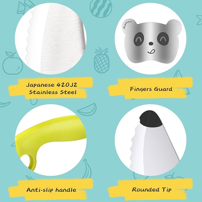 Kids Knife Set for Real Cooking 3 Pieces Set with Educational Ring, Rounded Tip, Toddler Safe Montessori Knife for Cutting Training