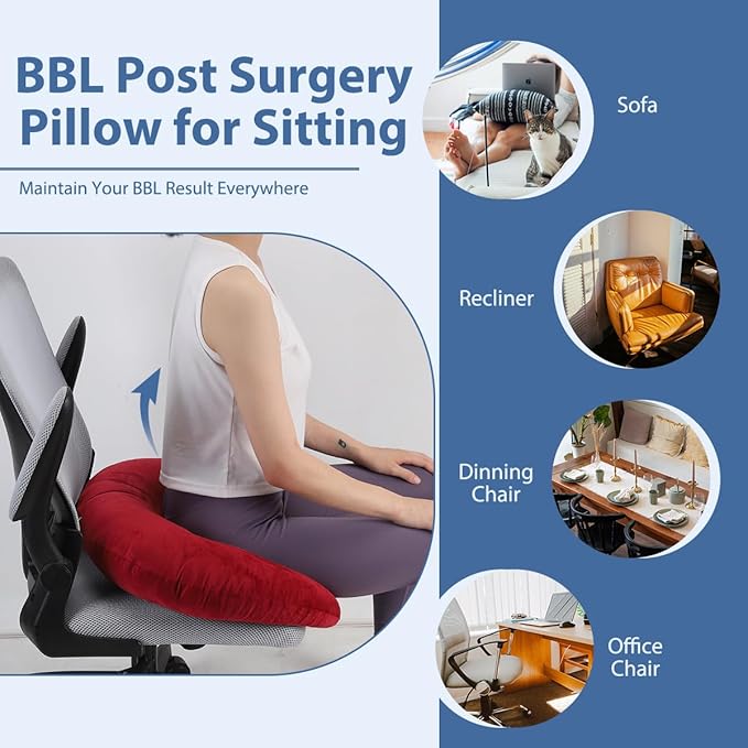 BBL Pillow After Surgery, BBL Pillow for Sitting Sleeping Driving, Hemorrhoid Pillow Seat Support Cushio for Butt with Hole, Butt Donut Pillow for Woman (Red)