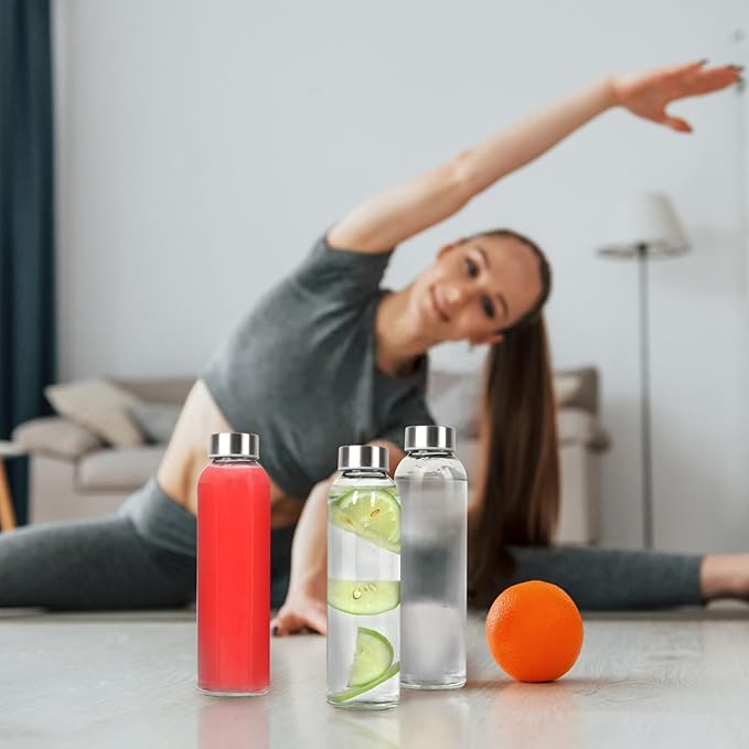 12 Pack 18oz Clear Glass Water Bottles, Juice Bottle with Stainless Steel Lid, Reusable Refillable Bottles for Storing Beverages Juice