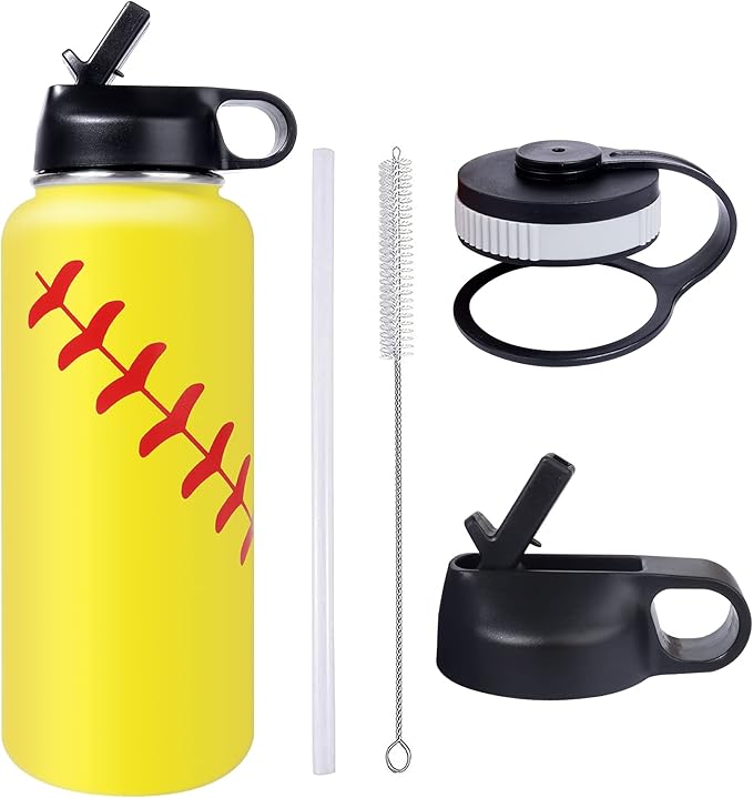 40oz Wide Mouth Softball Water Bottle with Two Lids(Straw, Handle Lid), 18/8 Stainless Steel Vacuum Insulated for Travel & Sport Cup. (Softball Yellow, 40oz)