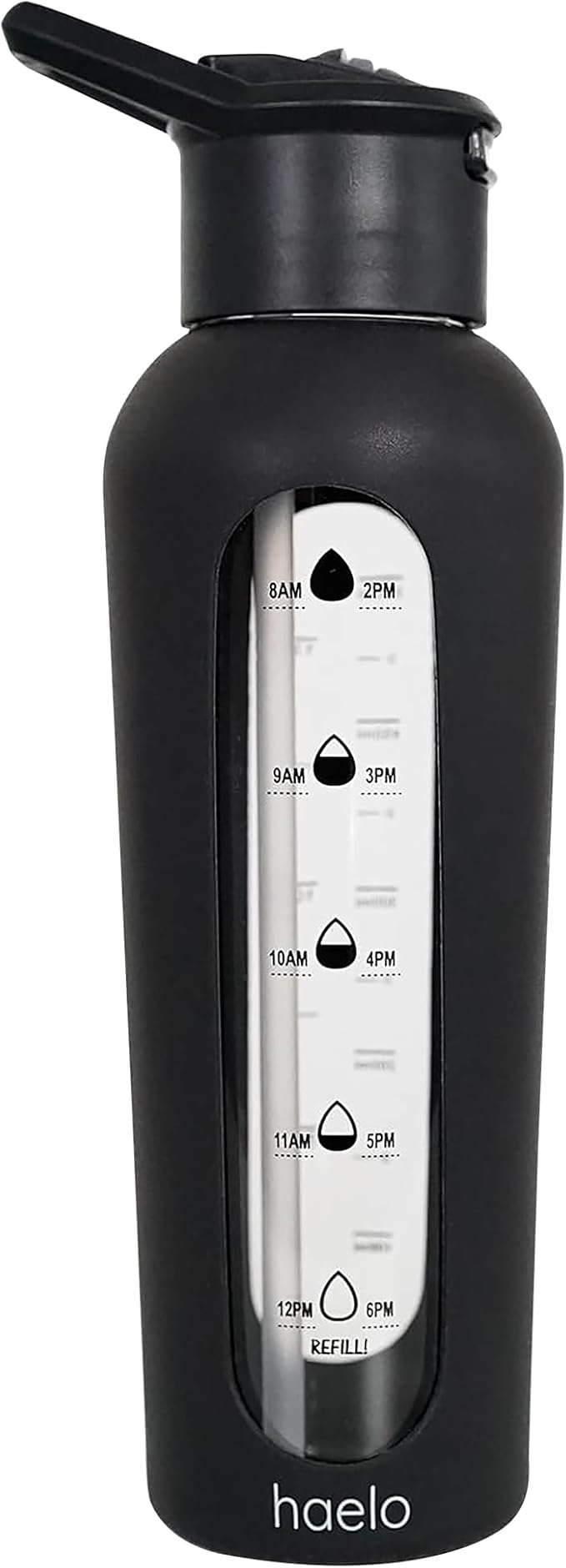 24oz Glass Motivational Water Bottle with Flip Lid Straw, Silicone Protective Sleeve, Handle, Reusable BPA Free (Black)