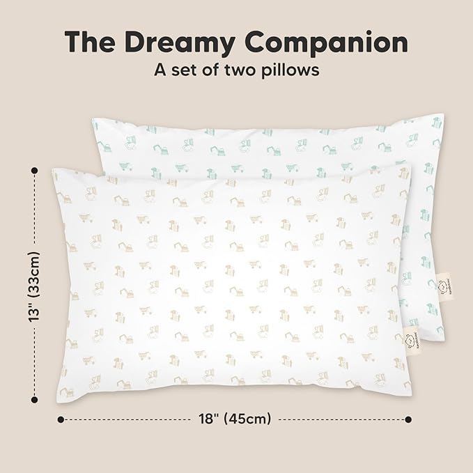 2-Pack Toddler Pillow - Soft Organic Cotton Toddler Pillows for Sleeping - 13X18 Small Pillow for Kids - Kids Pillows for Sleeping - Kids Pillow for Travel, School, Nap, Age 2 to 5 (Excavator)