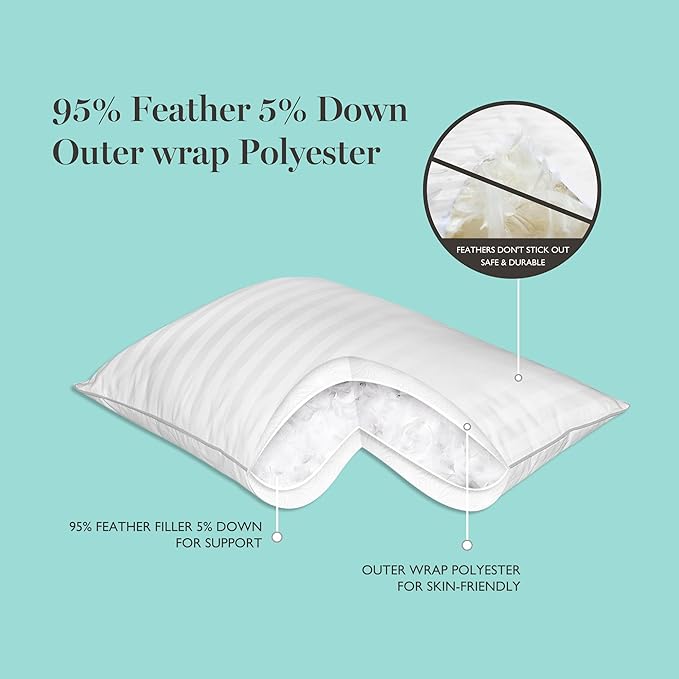 MARTHA STEWART Hotel Collection Meidum Soft Feather Down Pillows 100% Cotton 500 Thread Count Damask Stripe Embroidered, Queen Size Set of 2, White 2