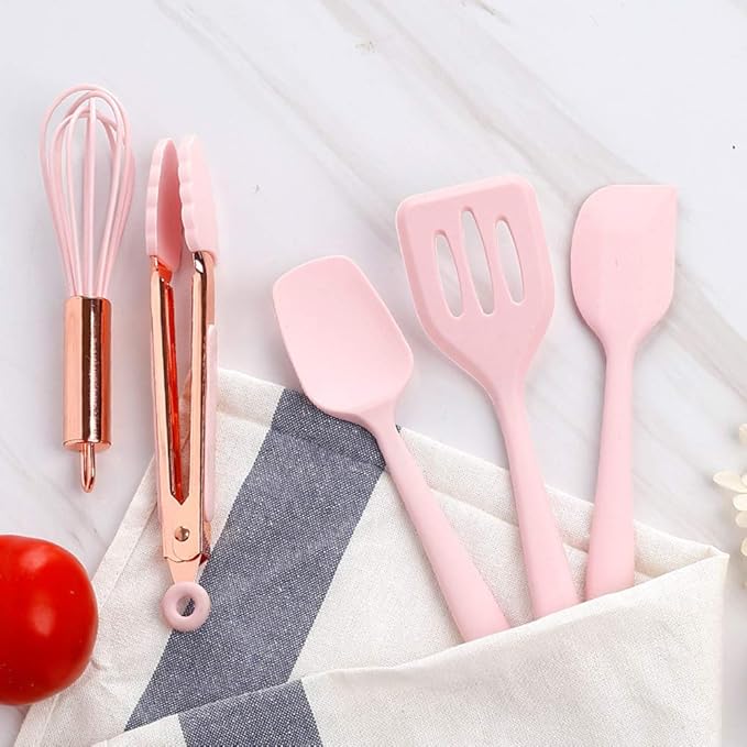 Rose Gold and Pink Kitchen Utensil Small Five-Piece Set Mini Silicone Kids Kitchen Tools Whisk Spatula Tongs Spoon and Slotted Spatula(Kids Baking Supplies)