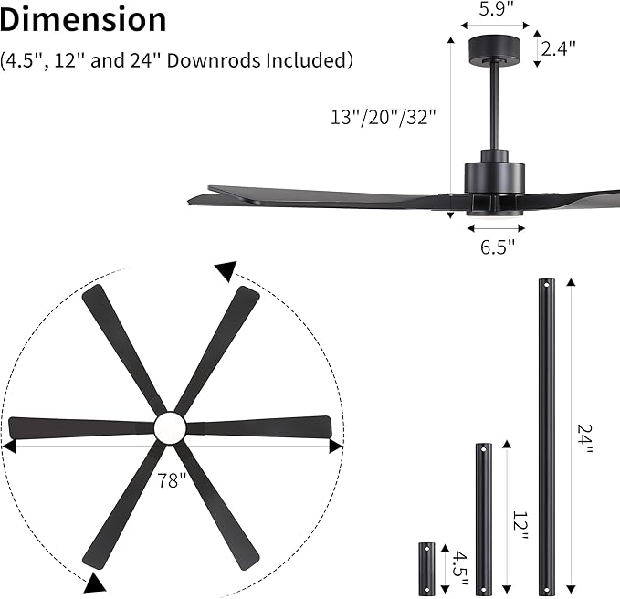 78 Inch Ceiling Fan with Lights and Remote Control, 6 Reversible ABS Blades, 6-Speed Noiseless DC Motor with 4.5" / 12" / 24" Downrods for Bedroom Dining Living Room, Black