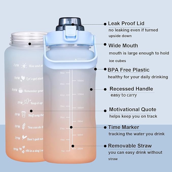 3 in 1 Set Sport Motivational Gradient With Straw Time Marker 64 oz Gradient Color 3 in 1 Set Gym water bottle blue