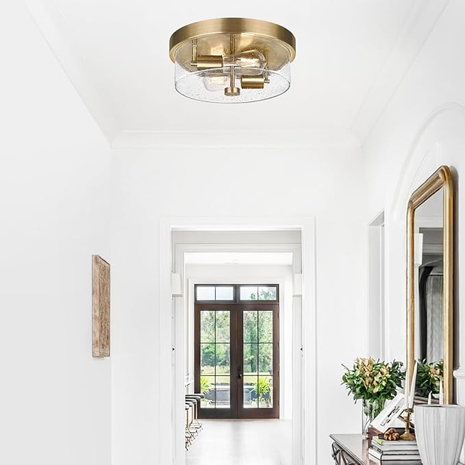 Flush Mount Ceiling Light Fixtures, 2-Light Brass Ceiling Mount for Farmhouse with Seeded Glass Lampshade, Industrial Hall Flush Mount Light Fixture for Hallway, Kitchen, Entryway, Bedroom and Foyer