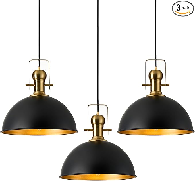 12 Inch Black Farmhouse Pendant Lights Matte Pendant Lights for Kitchen Island Industrial Adjustable Height Vintage Dome Hanging Light Fixtures for Barn, Dining Room 3 Packs