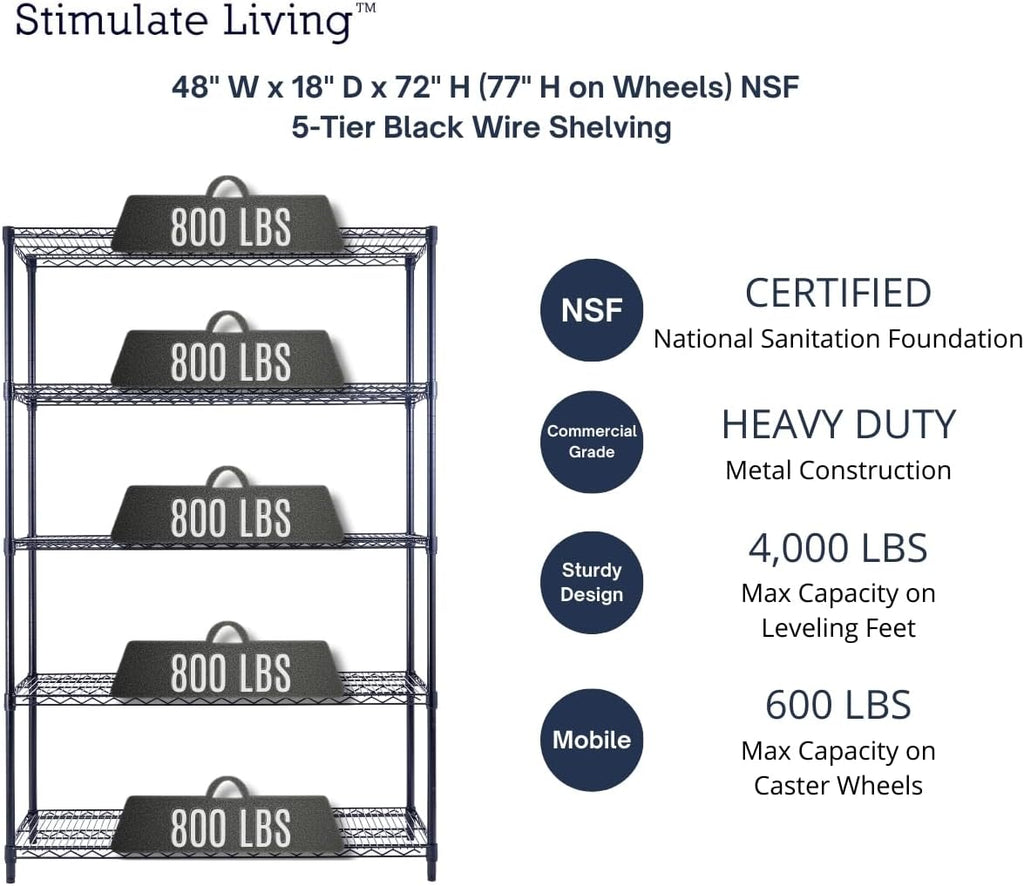 48"x18"x72" PRIME HEAVY DUTY Black 5-Tier Wire Shelving NSF 4000 LBS MAX Capacity Storage Rack for Commercial, School, Home, Garage, Warehouse, Industrial, and Hospital Uses (with Wheels)