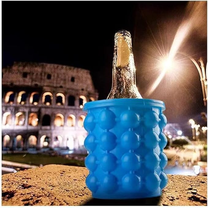 (2 in 1) Ice Cube Maker, Round,Portable .Silicone ice Bucket and ice Mold with lid, Portable Silicon Ice Cube Maker(Blue)