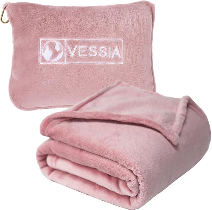 Vessia Travel Blanket for Airplane, Train and Car, Warm and Soft Travel Blanket and Pillow 2 in 1 for Adults and Kids, Portable Compact Long Flight Blanket with Luggage Sleeve, Backpack Clip(Pink)