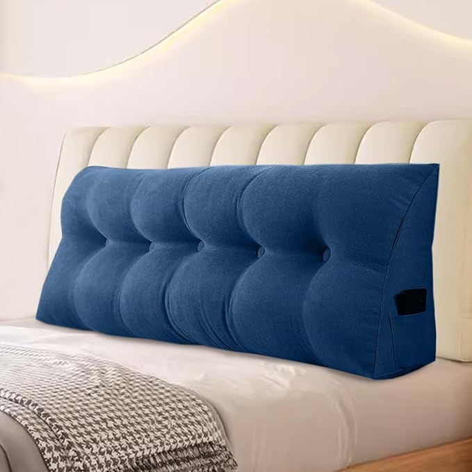 Large Triangular Headboard Pillows Long Backrest Positioning Support Bolster Cushion for Daybed Fluffy Quality Plush Body Wedge Pillow with Removable Cover(Navy blue-Queen-59x8x20in)