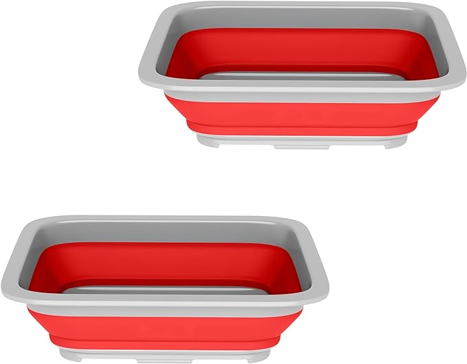 Set of 2 Multipurpose Wash Bins – 10-Liter Basins for Camping, Parties, or Cleaning – Collapsible Bucket Set by Wakeman (Red)