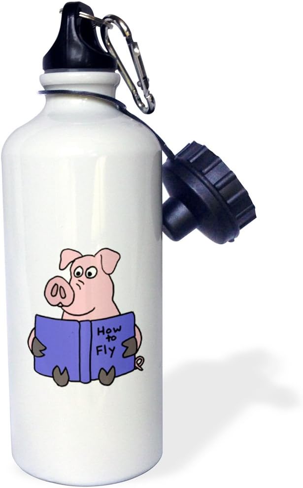 3dRose Funny Pig Reading How to Fly Book Sports Water Bottle, 21 oz, Multicolored