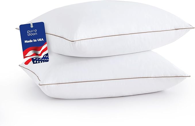 puredown® Goose Feathers Down Pillows Queen Size Set of 2 - Made in USA Soft Fluffy Hotel Pillow, 100% Cotton Cover, Luxury Medium Firm Bed Pillows for Back, Stomach or Side Sleeper.