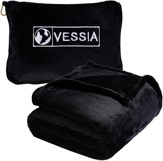 Vessia Travel Blanket for Airplane, Train and Car, Warm and Soft Travel Blanket and Pillow 2 in 1 for Adults and Kids, Portable Compact Long Flight Blanket with Luggage Sleeve, Backpack Clip(Black)