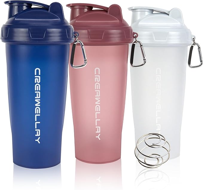 3 Pack Protein Shaker Bottle, 24 oz Protein Shaker Cup with Wire Shaker Ball for Pre Workout, Shake Bottle with Carrying Handle, BPA-Free & Dishwasher Safe (White, Pink, Blue)