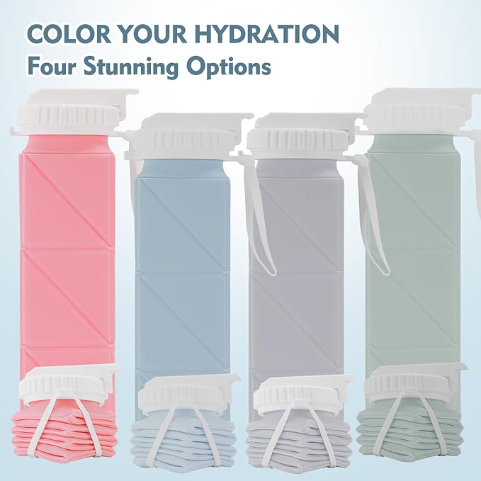 20 oz Water Bottle Collapsible | BPA Free Leakproof Lightweight Foldable Silicon Water Bottles | Twistable Water Cup | for Travel Gym Hiking Outdoor Camping Running Cycling Sports (Blue)