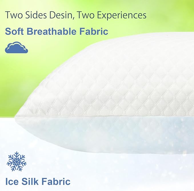 Shredded Memory Foam Pillows for Sleeping 2 Pack - Cooling Bed Pillows Standard Size Set of 2 - Medium Frim Gel Pillows for Side & Back Sleeper with Washable Removable Cover