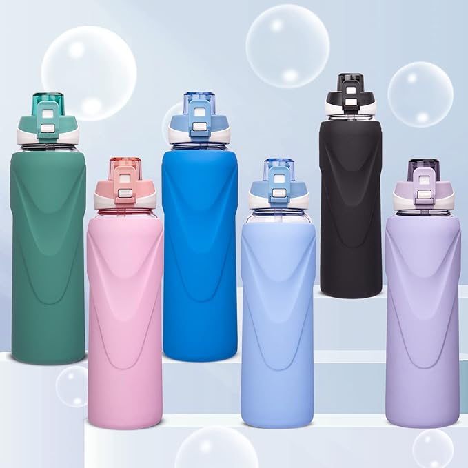 32 oz Sports Glass Water Bottle with Straw & Silicone Sleeve Reusable BPA-free Borosilicate Glass Drinking Bottle with Flip Top Lid & Handle Wide Mouth (Dark Blue)