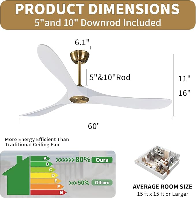 Bigzone 60" Indoor/Outdoor Ceiling Fan Without Light, Quiet Energy Saving DC Motor,3 White Balsa Wood Blades,Modern Ceiling Fan With Remote Control, Reversible Blades