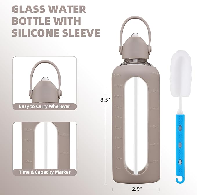 20 oz Glass Water Bottles with Straw Borosilicate Glass Water Bottle with Time Marker Motivational Water Bottles with Silicone Sleeve Leak Proof Reusable BPA Free