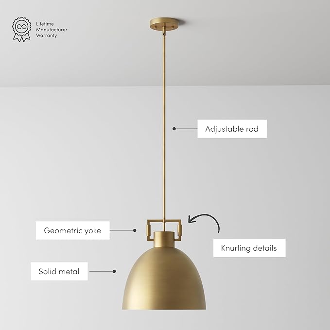 Nathan James Leigh Pendant Lighting, Hanging Ceiling Light with Oversized Metal Shade and Adjustable Cord, for Kitchen Island or Entryway, Antiqued Brass