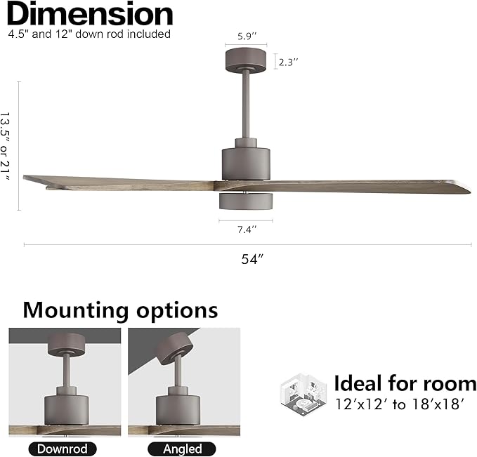 WINGBO 54 Inch DC Ceiling Fan with Lights and Remote Control, 5 Reversible Carved Wood Blades, 6-Speed Noiseless DC Motor, Modern Ceiling Fan in Graphite Finish with Gray Blades, ETL Listed