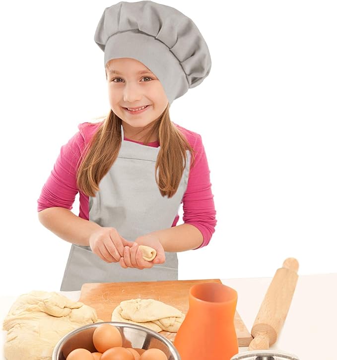 Kids Apron and Chef Hat Set-Adjustable Child Apron for Boys and Girls for Cooking Baking Light Gray